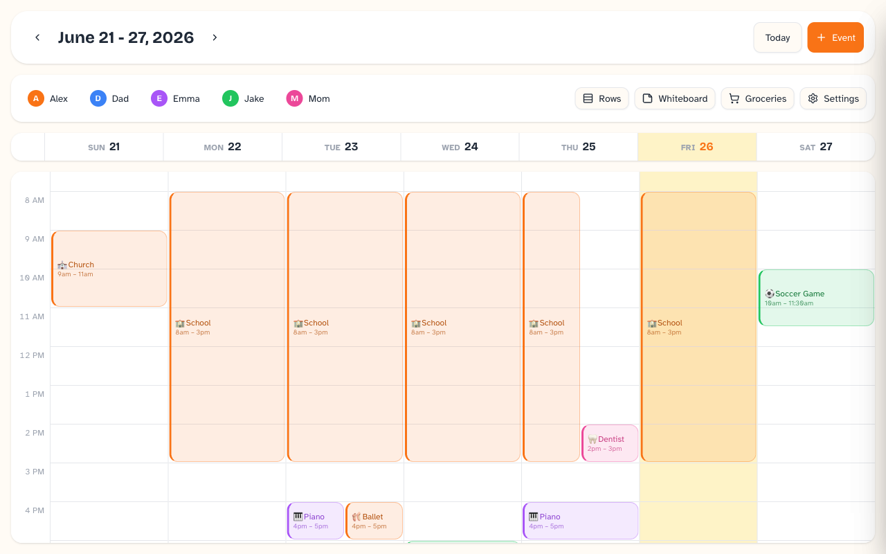 Daybreak weekly calendar in grid view, showing color-coded events for each family member through the day