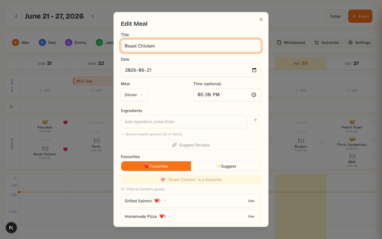 Daybreak meal planning view showing a family's favorite meals and the week's dinners